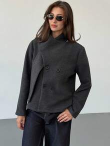 Aloruh Mantel Wanita Minimalis Serbaguna dengan Kerah Pita, Dapat Dibalik, dan Saku, Warna Abu-abu untuk Musim Gugur/Dingin - Dark Grey - View 6