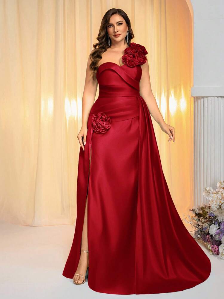 Glamrae Vestido de noche formal de talla grande elegante y romántico con un hombro, escote de corazón, decoración floral 3D, abertura alta en la falda de cola de sirena con aplicaciones - Rojo - Añade 5
