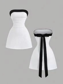 Sweetra Women's New Sexy Sweet Cute Fashion Versatile Black & White Contrast Bowknot Bandeau Sleeveless Mini Dress