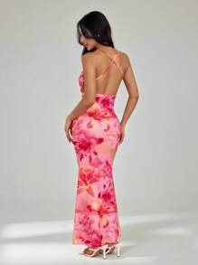 SHEIN PETITE Women's Plunging Neckline Backless Vacation Floral Print Dress Bodycon Maxi Dress Floral Maxi Dress Pink Maxi Dress Tight Maxi Dress Rose Print Maxi Dress,Party Dress