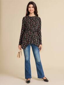 SHEIN LUNE Women's Floral Allover Print Round Neck Long Sleeve Casual T-Shirt Going Out Tops Women Spring Clothes - Black - View 4