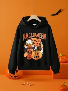 GARFIELD | SHEIN Tween Boy Cute Cartoon & Pumpkin Pattern Loose Fit Black Knit Hooded Sweatshirt For Halloween - Black - View 1