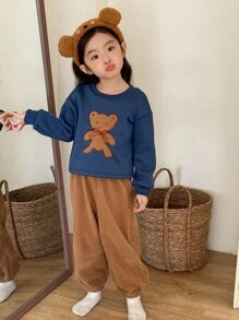Genkimix Kids Conjunto de pantalones de chándal de forro polar con aplicación de oso estilo coreano para niña joven - Azul - Ver 3