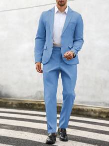 Manfinity Mode 男士淡蓝色西装两件套：修身休闲西装外套和裤子，打造时尚现代造型 - 藍色 - 查看 6
