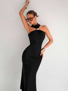 Siren Gaze Elegant And Sexy Metal Button Decorated Hollow Tight Stretch Dress, Elegant Date, Autumn And Winter Dress, Wedding Guest Dress