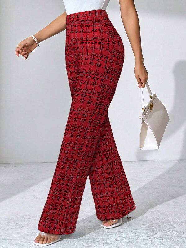 SHEIN Clasi Pantalones elásticos de punto con estampado de cuadros elegantes para mujer, adecuados para varias ocasiones, como vacaciones de verano, viajes elegantes y uso diario
