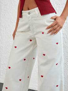 EURMUSE WOMEN WIDE LEG LOW WAIST HEART EMBROIDERY DETAIL JEANS - White - View 3
