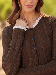 WESTFADE 纹理针织荷叶边长袖修身纽扣上衣，适合秋季、冬季穿着，可搭配纳什维尔乡村音乐会服饰，休闲、可爱、波西米亚风、西部风格服装，女款 - 棕色 - 查看 6