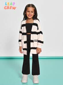 SHEIN Young Girl Casual Colorblock Striped Cardigan, Autumn/Winter Fall - Black and White - View 2