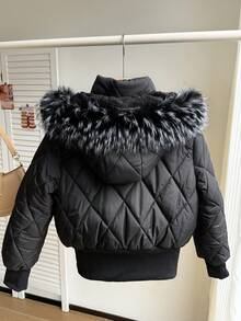 SHEIN Teens' Padded Coat, Hooded With Fur Collar, Diamond Pattern Cuffs And Hem, Suitable For Play And Back To School, Winter Fall