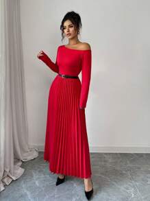 Rafferiza 优雅红色斜领针织长袖连衣裙，搭配红色褶皱长裙和黑色精致腰带，简约纯色女式长裙，秋冬 - 紅色 - 查看 6