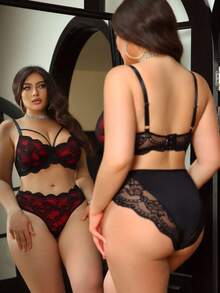 SHEIN Seduluxe 2pcs Plus Size Lace Patchwork Underwire Bra Set Custom Lingerie Set Lace Lingerie Set Red And Black Lingerie Set Bras For Women, Lift