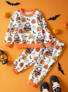 GARFIELD | SHEIN 2pcs Baby Boy Halloween Pumpkin, Ghost & Bat Graphic Crew Neck Long Sleeve Sweatshirt And Pants Knit Loose Fit Set