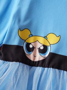 THE POWERPUFF GIRLS X SHEIN 可爱蓝色小女孩泡泡人物印花3D耳朵连帽连衣裙COS服装，适合秋冬季、万圣节、生日派对 - 藍色 - 查看 4