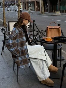 DAZY 撞色格纹宽松复古长袖口袋翻领休闲街头风女式外套，秋冬款 - 棕色 - 查看 3