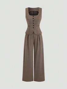 Sweetra 女士新款优雅复古休闲通勤简约高端针织两件套，背心无袖上衣和直筒阔腿裤套装 - 棕色 - 查看 3