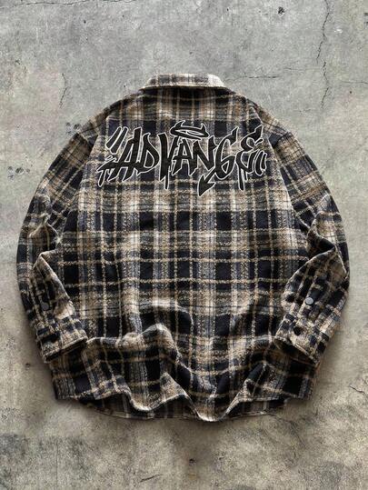 AXEPEAK Plus Size Men's Letter & Plaid Pattern Long Sleeve Pocket Shacket, Fall, Winter