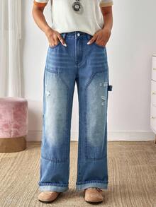 EMERY ROSE 女式休闲水洗做旧直筒牛仔裤 - 藍色 - 查看 3