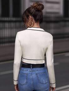 Solivie 白色开衫 撞色纽扣前开衫 秋冬长袖上衣 - 杏色 - 查看 2