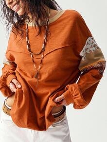 Bohemela Áo thun tay dài họa tiết chắp vá màu cam cỡ lớn, áo thu cho nữ - Màu vàng - Xem 7