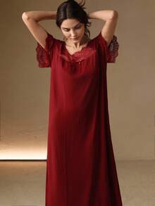 Anewsta Women's Ruffle Lace Loose Nightgown, Simple & Fashionable For Everyday Casual Wear - Burgundy - View 6