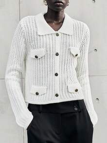 Lumivelle Chaqueta casual de manga larga con botones metálicos decorativos de unicolor - Blanco - Ver 1