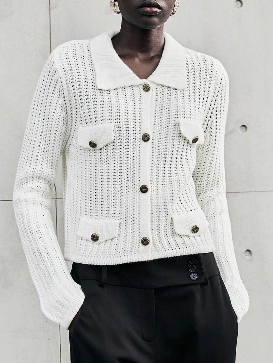 Lumivelle Chaqueta casual de manga larga con botones metálicos decorativos de unicolor - Blanco - Ver 1