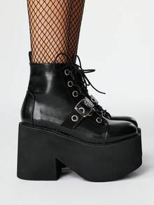 ROMWE Grunge Punk Giày bốt chiến đấu đế dày phong cách Gothic dành cho nữ, mũi tròn, gót vuông dày 4,5 inch, khóa kéo bên hông, bốt cao đến mắt cá chân bằng da đế xuồng buộc dây kiểu Punk, bốt đi làm ngoài trời, phong cách Halloween - màu đen - Xem 4