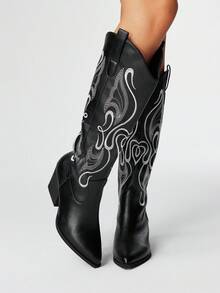 ROMWE Fairycore Damen Spitzschuh Plateau-Absatz Stickerei Western Cowboy Stiefel, Lederobermaterial, kniehohe Länge, Outdoor Mode, Herbst/Winter