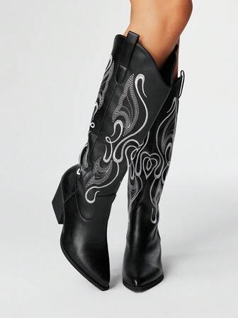 Fairycore Women's Pointed Toe Chunky Heel Embroidery Western Cowboy Boots, Leather Upper, Knee-High, Outdoor Fashion, Autumn/Winter