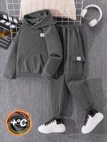 SHEIN 2 件套青少年男孩服装套装：连帽运动衫和慢跑裤，经济实用，适合上学、通勤、休闲、运动 - 深灰色 - 查看 5