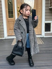 SHEIN Áo khoác dài cổ lông xù dệt kim cho bé gái, áo khoác lông cừu màu xám cho trẻ em, áo khoác lông gấu bông cho bé gái, áo khoác lông xù cho bé gái, áo khoác mùa thu đông. - Màu xám đen - Xem 4