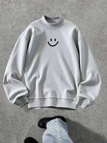 Teen Boy Smiling Face Print Casual Loose Fit Long Sleeve Stand Collar Sweatshirt Cute Sweatshirt Oversized Gray Sweatshirt Fall Autumn And Winter - Grey - View 2