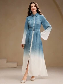 Anewsta Váy dài tay ombre thanh lịch dành cho nữ, màu xanh lam chuyển sắc sang trọng, thu/đông - Màu xanh lam - Xem 6