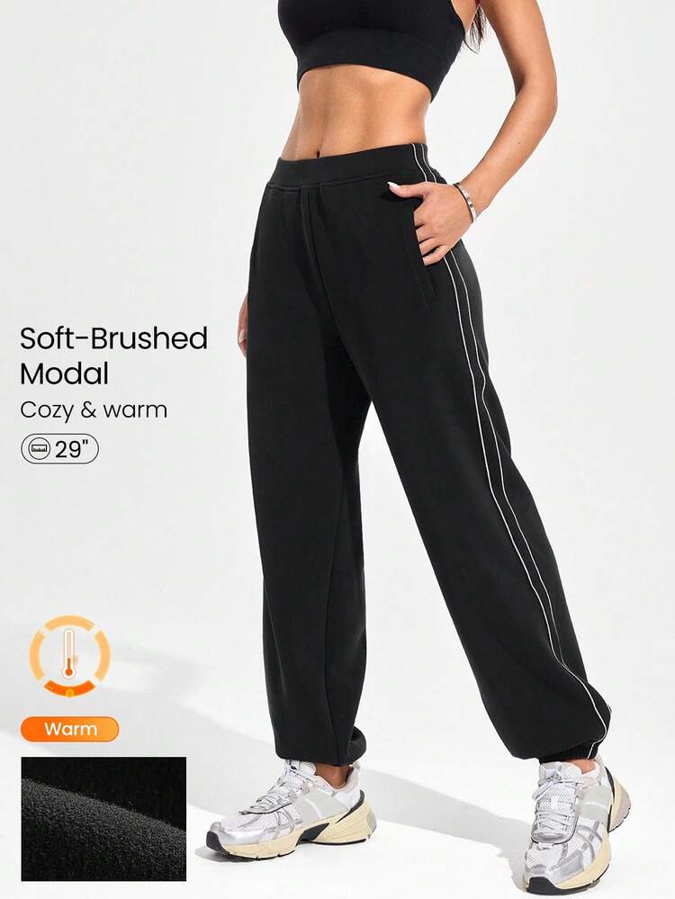SoftCalm Modal Silky-Smooth Breathable Anti-Pinch Cuffs Loose Fit Contrast Side Stripe Sweatpants With Side Zipper Pockets Daily Casual Lounging Wear Fall Winter