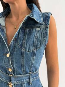 EURMUSE WOMEN Casual Denim Button Front Dress - Medium Wash - View 4