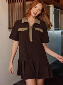 WESTFADE 前开襟短袖垂腰褶皱宽松灯芯绒迷你连衣裙女式可爱秋季连衣裙乡村音乐会服装 - 咖啡 - 查看 3