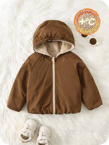 SHEIN Baby Boys Reversible Hooded Padded Coat, Thermal Lined Thickened Winter Jacket, Warm & Soft Comfortable Casual Graphic Print All-Match Outerwear, Suitable For Indoor, Outdoor, Daily, Sports, Party, Holiday In Autumn/Winter Season Baby Bear Jacket Toddler Jackets Baby Boy Coats Fall