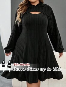 SHEIN CURVE+ 大码黑色厚罗纹卫衣连衣裙，两件套，初秋/秋冬 - 黑色 - 查看 10