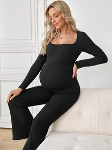 SHEIN Maternity Solid Color Square Neck Long Sleeve Flare Jumpsuit - Black - View 3