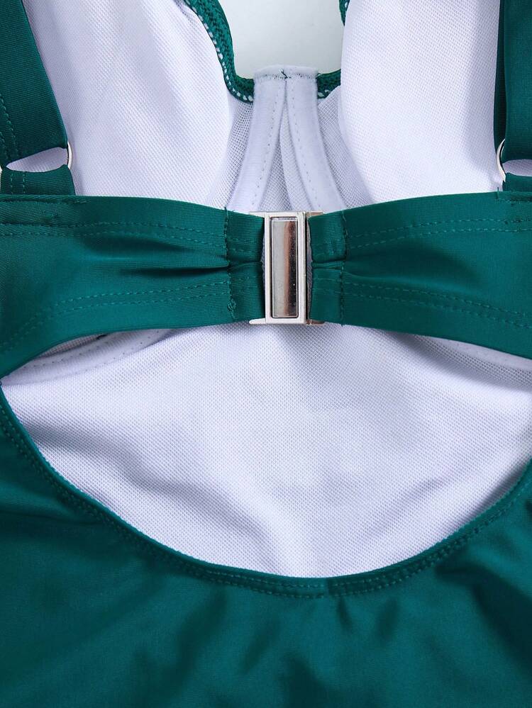 Swim Oasis Maiô Franzido de Tecido Brilhante Verde Esmeralda para Mulheres Plus Size, Elegante Casual Boêmio de Férias, Adequado para Férias na Praia - Multicolorido - Visão 3