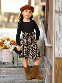 Emery Rose Kids Emery Rose Kids Vestido casual de niña con cuello redondo de punto, estampado de leopardo por parches. Vestido de manga larga con estampado de leopardo jacquard, adecuado para otoño/invierno