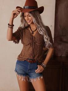 LanaWest 女士针织提花蕾丝纹理短袖T恤 - 咖啡棕 - 查看 3