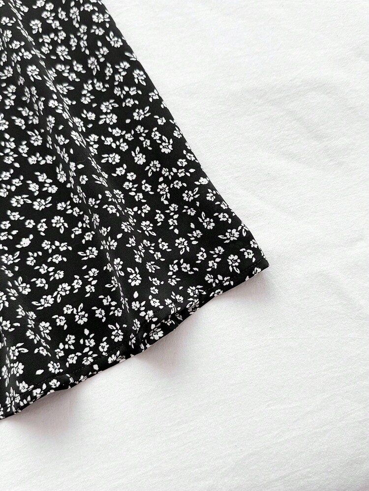 Teen Girls Black Leisure Vacation Ditsy Floral Casual Slit Medium Length Skirt,Suitable For Autumn And Winter, Black Skirt,Teen Girls Skirts - Black and White - View 4