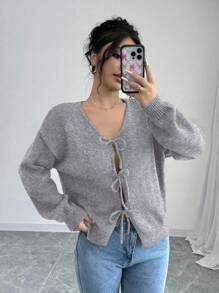 Selianne 女式纯色前系带长袖休闲衬衫，简约设计，适合日常穿着短款开衫黑色开衫女孩蝴蝶结开衫黑色开衫短款开衫 - 灰色 - 查看 3