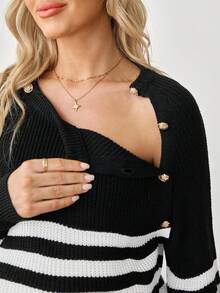 SHEIN 孕妇纽扣设计圆领长袖条纹休闲哺乳毛衣 - 黑與白 - 查看 7