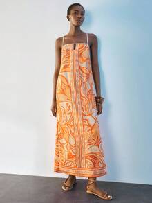 SHEIN Maija 女士碎花连衣裙，优雅度假沙滩装，秋冬款 - 橘色 - 查看 7