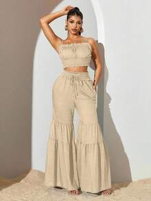 Sirith Conjunto de 2 piezas de camiseta de tirantes con volantes y pantalones anchos de patchwork de unicolor para mujer, conjunto de verano, traje casual de mujer, ropa de vacaciones de verano