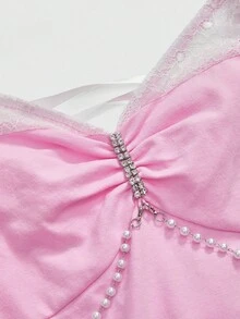 ROMWE J-Fashion Đầm dài ngang vai phối ren thêu họa tiết nơ thanh lịch dành cho nữ - Hồng - Xem 3