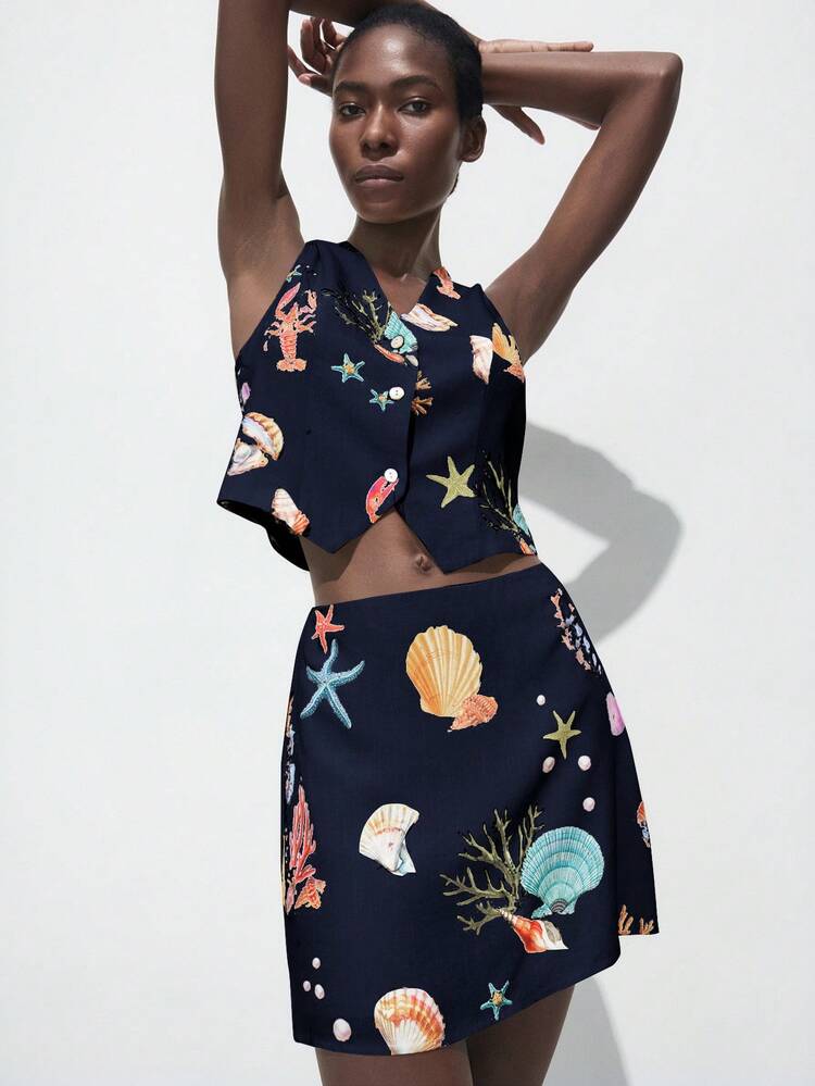 SHEIN Maija Women's Starfish & Shell Pattern Single-Breasted Vest And Mini Skirt 2 Pieces Set, Urban Business Casual Beach Resort Outfit, Bohemian Style  Beach Outfits For Women